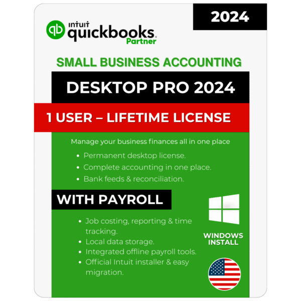 QuickBooks Desktop Pro 2024 Lifetime License Key (No Subscription) – (1 User) for Windows – USA Version WITH Payroll